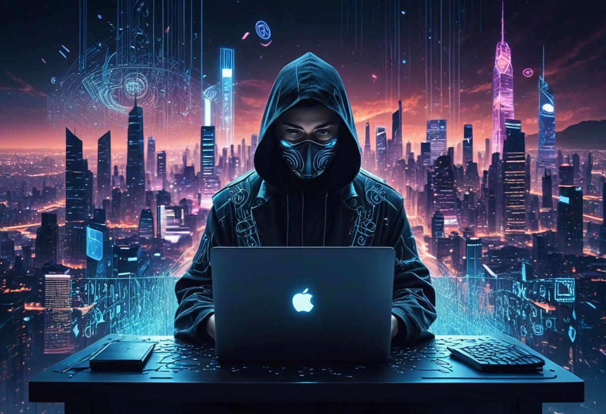 An enigmatic figure typing on a laptop, surrounded by a digital shield with swirling code patterns, representing online anonymity. The setting includes floating symbols of protection like locks and masks, symbolizing techniques for safeguarding identity. The background features a blurred cityscape, symbolizing the vastness of the internet. Cool-toned colors dominate, creating a techy and modern atmosphere. cyberpunk. vibrant colors.