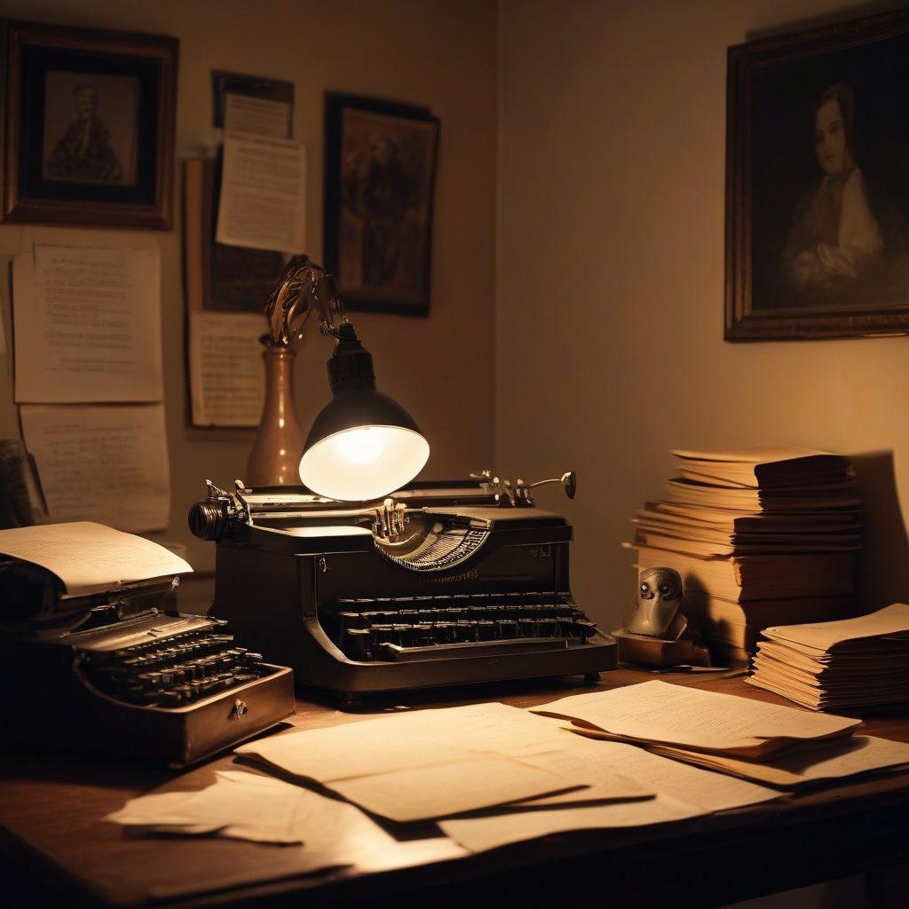 A mysterious figure sitting at a vintage typewriter in a shadowy room, illuminated by a single warm light, with papers scattered around them. Surrounding the figure are symbols of anonymity like a mask, a locked diary, and a digital shield. The ambiance exudes creativity and secrecy, inviting the viewer to explore the world of discreet blogging. moody lighting. super-realistic. warm tones.