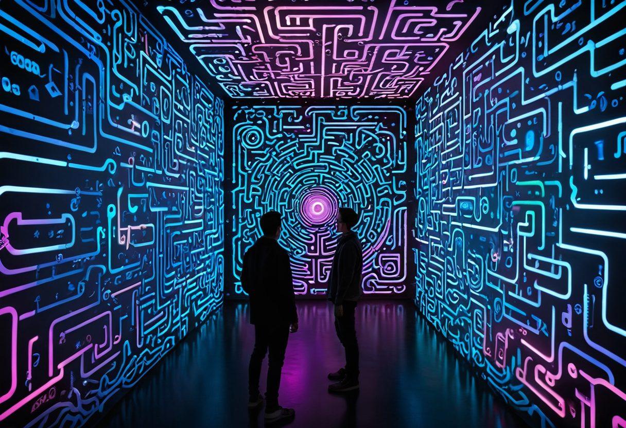 A surreal labyrinth made of digital signals and glowing data streams, with a blogger at the center carefully navigating through it. Envision a variety of blog icons and safety symbols subtly integrated into the maze's walls. The atmosphere conveys a sense of challenge and adventure, illuminated by soft, neon lights to represent a safe digital space. super-realistic. vibrant colors. 3D.